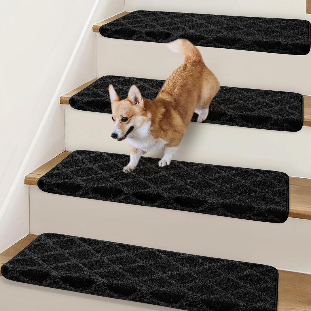 Bullnose Stair Treads Non Slip 9.5" x 32", 2 Pcs Carpet Stair Treads for Wooden Steps Indoor with Edge Protection, Reusable Peel and Stick TPU Backing Stair Runner Rugs - Diamond Pattern Black
