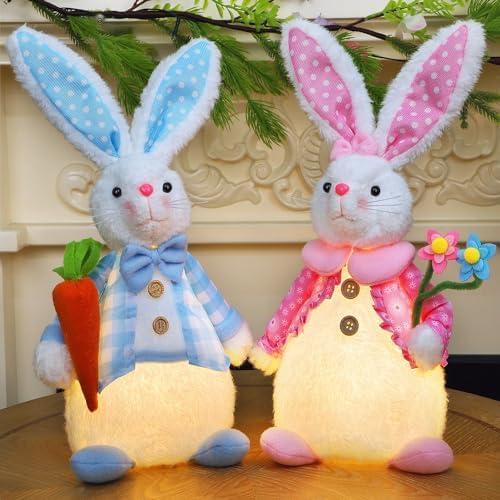 Juegoal 2 Pack Lighted Easter Bunny, 12.5" Handmade Huggable Rabbits Couple with Lights, Light Up Easter Basket Rabbits Easter Gift, Party Favor Figurine for Spring Tabletop Holiday Room, White
