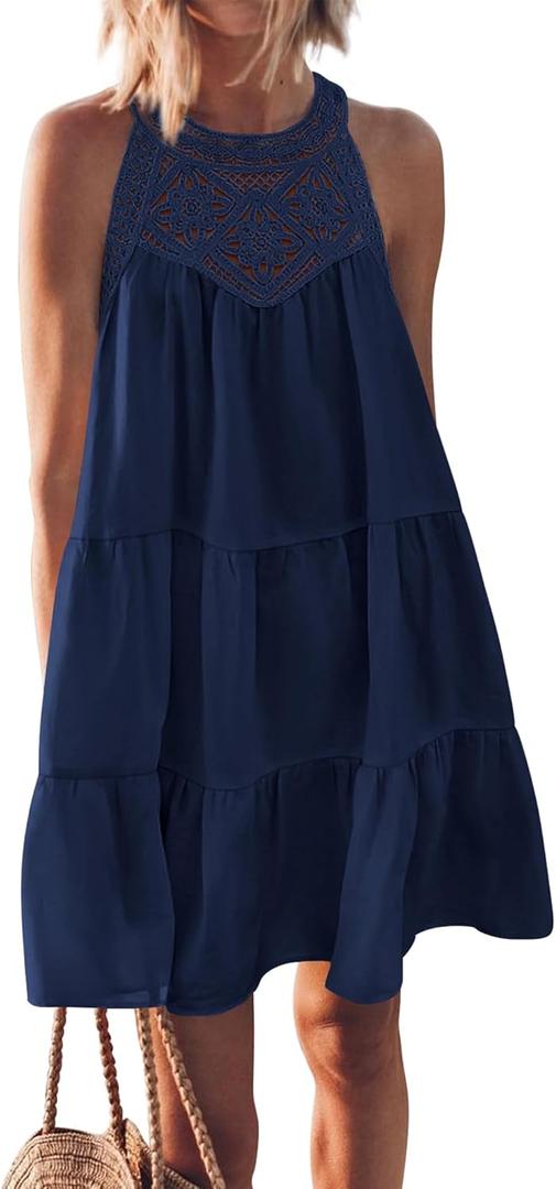 BTFBM Women Summer Halter Dresses Casual Spring 2025 Sleeveless A-Line Tiered Swing Mini Dress Beach Vacation Sundress (Medium)