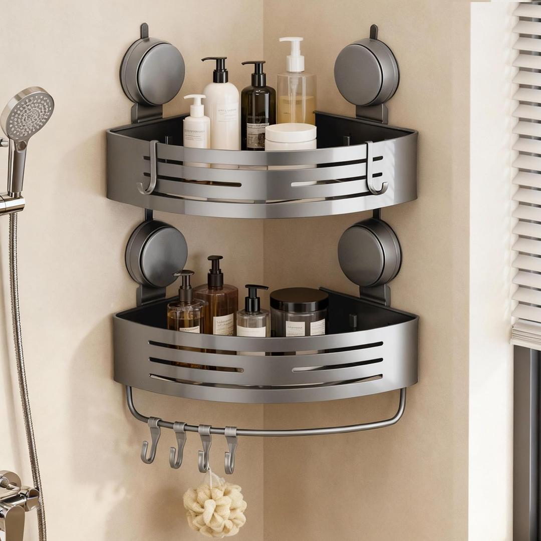 Corner Shower Caddy Bathroom Organizer,2-Packed Gray No-Drilling Aluminum Suction Cup Corner Shower Shelf with Towel Bar and Hooks,Moder Wall Shower Organizer and Storage Decor