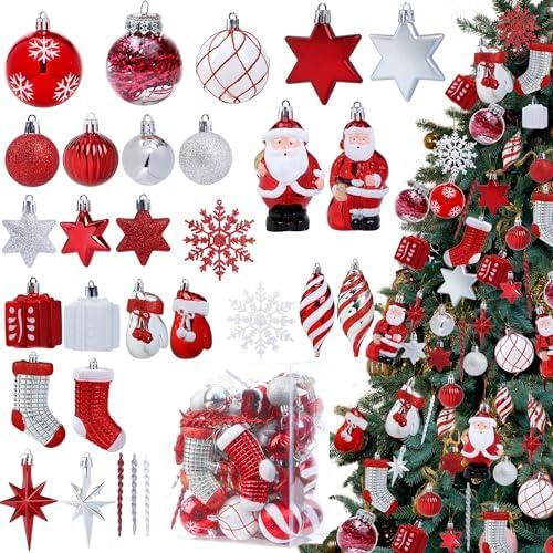 60 Pcs Christmas Ball Ornaments 16 Styles Plastic Hanging Balls Peppermint Red White Shatterproof Christmas Tree Pendants with Santa Claus Stars Snowflakes for Xmas Party Indoor Holiday Home Decor