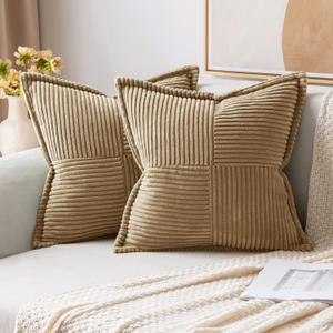 MIULEE Decorative Throw Pillow Covers for Couch Bed Livingroom 20x20 Inch Set of 2 Khaki Boho Accent Throw Pllows Broadside Striped Patchwork Soft Corduroy Pillowcases