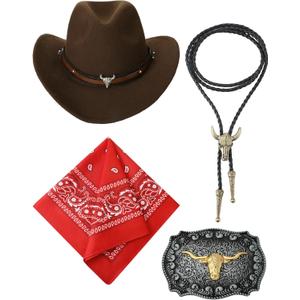Toulite 4 Pcs Western Cowboy Accessories for Men Cowboy Hat Leather Rodeo Leather Necktie Cow Horn Belt Buckle Paisley Bandana for Western Outfit Halloween Cosplay