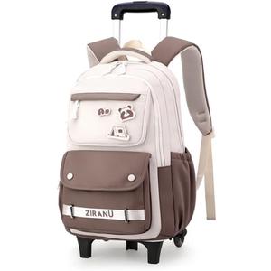EKUIZAI Brown Rolling Backpack for Boys Kids Trolley Backpack with Wheels Rolling School Bags for Teen Girls