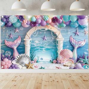 Litter Mermaid Backdrop Underwater Background - Under the Sea Mermaid Princess Backdrop for Girl Birthday with Balloon Starfish Pearl Shells Diamonds Banner Photo Shoot Birthday Party Decor 71x43 Inch