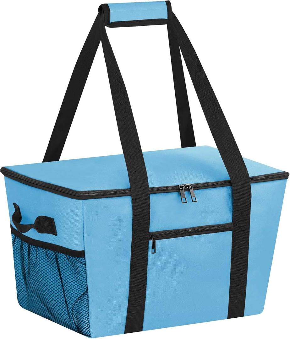 Insulated Grocery Bags with Removable Bottom Board, Zippered Top & Drawstring Expansion, Heavy Duty Reusable Grocery Bags, Collapsible Cooler Bag for Grocery, Shopping, Delivery, Picnic