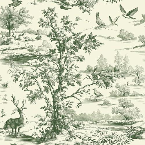 Livelynine 17.5x276 Nature Wallpaper Stick and Peel Trees Animals Green Plants French Country Landscape Wallpaper for Bedroom Bathroom Wall Murals Sage Green Pattern Contact Paper Renter Friendly