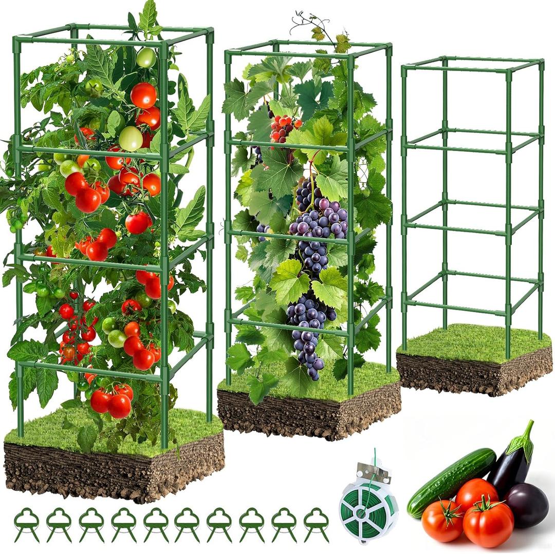 3 Pack Heavy Duty Square Tomato Cages for Garden, Metal Steel Tomato Tower Plant Cage and Supports with Clips, 42 inch Height Adjustable Tomatoes Trellis for Raised Garden Bed Climbing Plants (green)