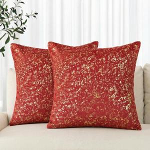 AVOIN colorlife Gold Foil Velvet Throw Pillow Covers 18 x 18 Inch, Red Luxury Accent Cushion Case Glitter Decoration for Home Sofa Couch Set of 2
