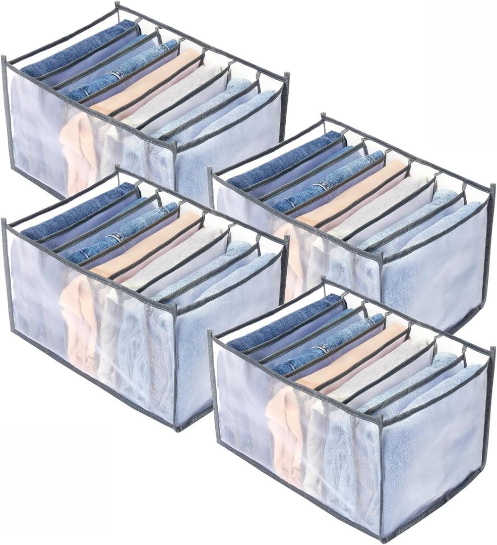 TIGARI Wardrobe Clothes Organizer, Drawer Organizer for Clothing, Closet Organizers and Storage, Drawer Dividers for Clothes, Mesh Separation Box for Thin Jeans, Trousers, T-shirts, Skirts (Thin Jeans 7 Grids-4Pcs)