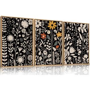 HOURIA Large Moody Boho Floral Framed Canvas Wall Art Set,Mid Century Black Flower Leaf Wall Decor,Retro Dark Wildflower Artwork,Minimalist Botanical Art Print for Living Room,Bedroom,Office-16"x24"x3