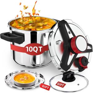 3-In-1 304 Stainless Steel Pressure Cooker 10 QT: [Explosion-Proof] [3 PSI Settings], One-Hand Locking, Induction Compatible, Glass Lid & Steamer Rack Included, Olla de Presion, N6