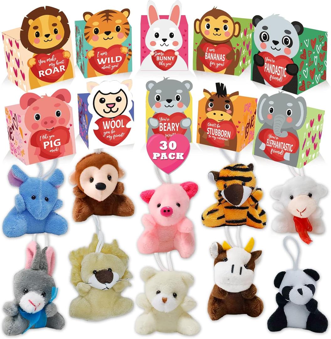 ATFUNSHOP Easter Basket Stuffers 30 Pack Animal Plush Toys with Gift Boxes | Valentines Day Gifts for Kids, Gift Card & Toys Fillers in Bulk Exchange for Girls Boys Class Classroom School