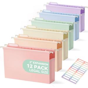 SortRax Plastic Extra Capacity Legal Size Hanging File Folders, 2" Pastel Expanding Pocket, Heavy Duty for Filing Cabinet, Insertable 1/5-Cut Tabs - 12 Pack