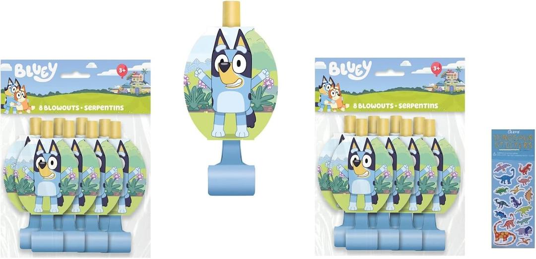 Bluey Birthday Party Supplies Bundle Pack includes 16 Party Blowouts and 1 Dinosaur Sticker Sheet