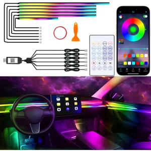 Acrylic Interior Car Lights, 6 in 1 Dreamcolor Ambient Lighting Kit with Wireless APP/Remote/Button Control, USB Car Inside Lighting Accessories with Music Mode for Vehicle Decoration