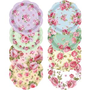 80 Pcs Floral Paper Plates 7 Inch Vintage Scalloped Tea Party Plates Pink Flower Colorful Disposable Dinnerware Dessert Dish for Summer Wedding Bridal Shower Baby Shower Birthday Party Decor
