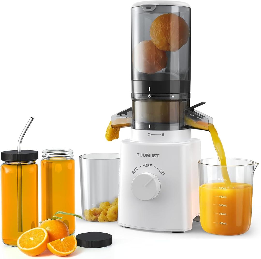 Cold Press Juicer with 8 Juice Bottles - Masticating Juicer Machines for Fruits and Veggies, 4.25" Large Feed Chute, Easy to Clean,White