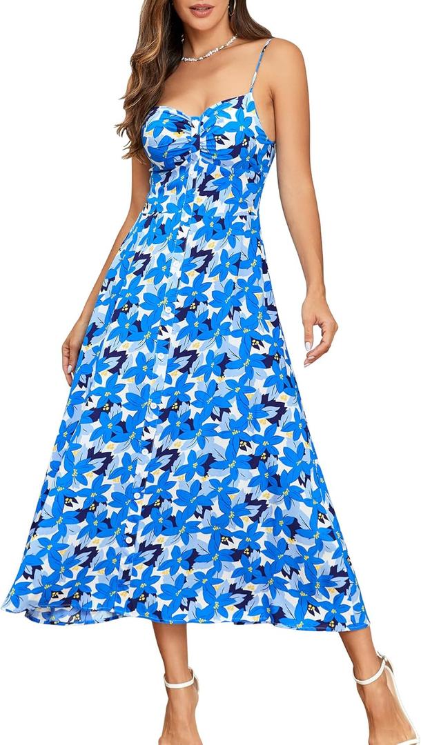 Summer Dresses for Women 2025 Beach Dress Floral V Neck Spaghetti Strap Flowy Bohe Long Floral Maxi Sundress (Ml, Blue Flower)