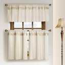 Cotton Linen Kitchen Valance Curtains with Shimmering Gold Embroidered Strip Modern Elegant 16 inches Neutral Farmhouse Short Valance for Window Treatment