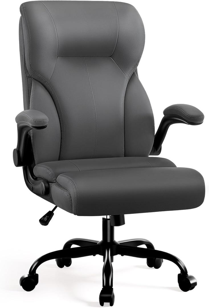 Executive Office Chair, High Back Ergonomic Comfy Desk Chair with Padded Flip-up Armrests and Wheels, PU Leather Heavy Duty Computer Swivel Rolling Task Chair for Home Office, Adults, Gray (Grey)