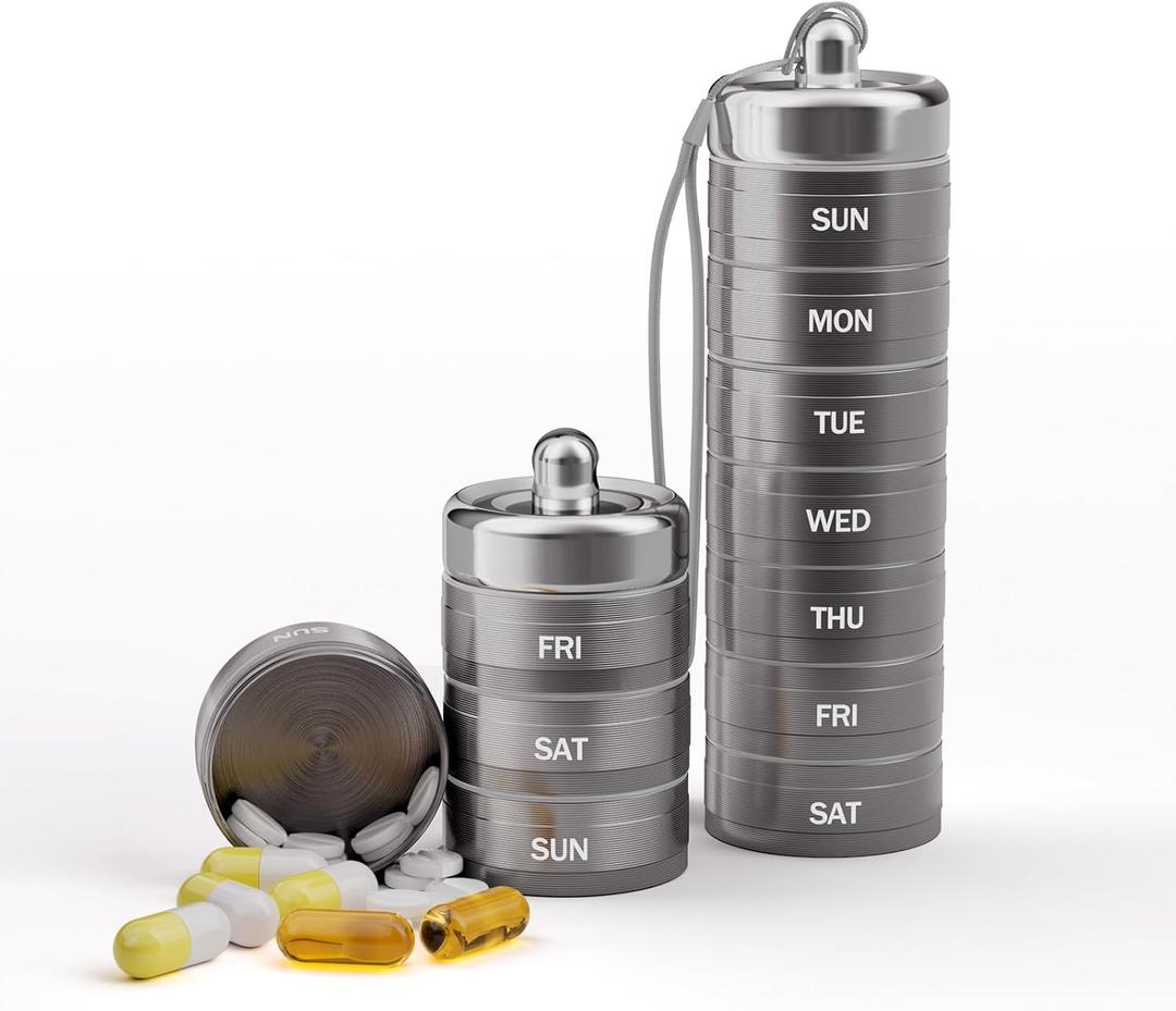 Metal Weekly Pill Organizer 1 Time a Day- 7 Day Detachable Waterproof Travel Pill BoxAluminum Alloy BPA Free Medicine Pill Container for Vitamin Medicine Supplement Fish OilGray