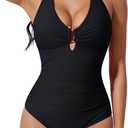 SUUKSESS Women Sexy Tummy Control One Piece Swimsuits Halter U-Wire Bathing Suit (Large, Black)