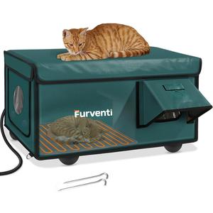 Outdoor Heated Cat House in Winter,Extremely Insulated & Weatherproof,Feral Cat Shelter with Waterproof Eaves & Escape Door for Outside Stray Barn Cat(Dark Green,25.6"x16.5"x13.4")