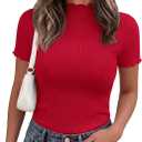 PRETTYGARDEN Short Sleeve T Shirts for Women Summer Clothes 2026 Casual Spring Tops Ruffle Mock Neck Ribbed Fitted Basic Tees (Red, Large)