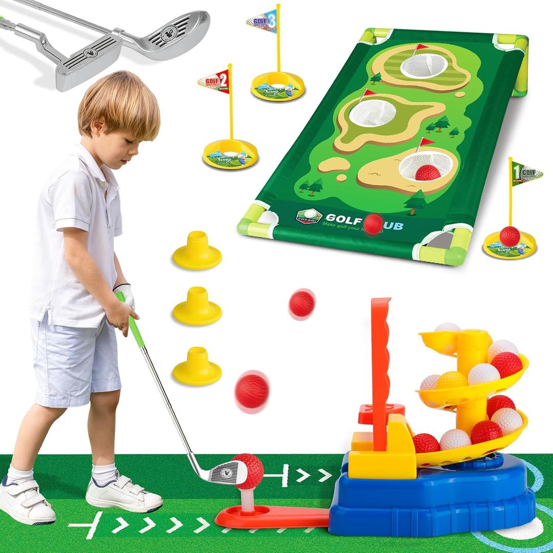 Liberry Toddler Golf Set for 3 4 5 6 Years Old, Retractable Kids Golf Clubs Set with Golf Dispenser, Cornhole Board & Mat, Outdoor Indoor Sports Toy Birthday Gift for Boys Girls (Silver)