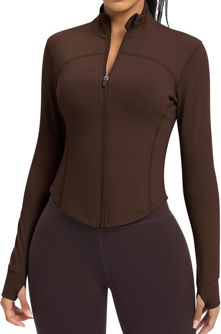 Women BBL Jacket Full Zip UP Workout Athletic Cropped Jacket wIth Thumb Holes Running Yoga Sportswear (Large, Roasted Brown)