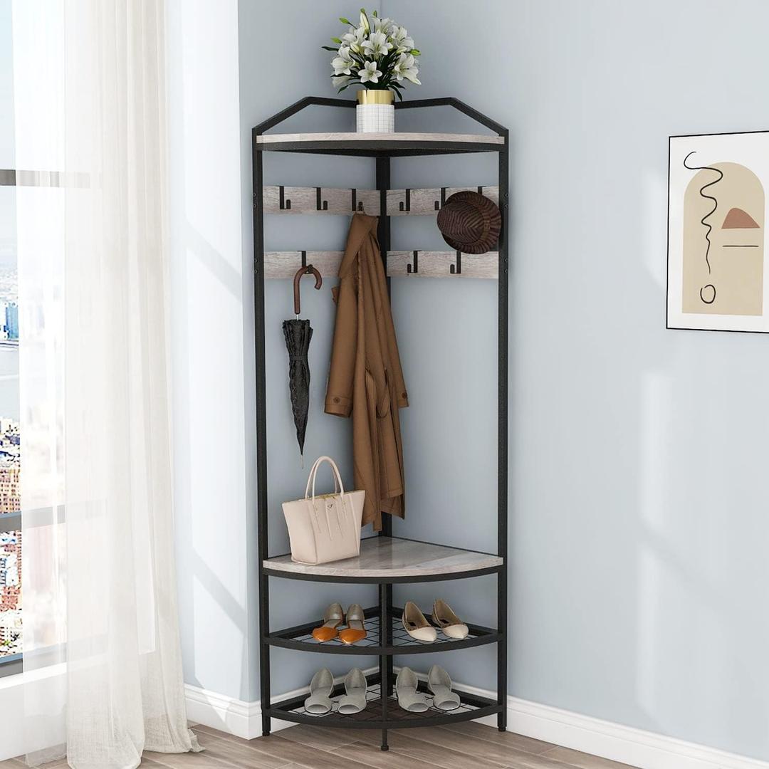 GiftGo Grey Corner Hall Tree with Shoe Bench Entryway Coat Rack with 10 Metal Movable Hooks Rustic Farmhouse Floorstanding Clothes Rack Shoes Shelf Organizer for Home Office Bedroom (Greige), 71.3" X 19.7" X 19.7"