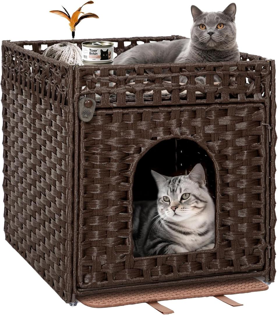 Handwoven Rattan Cat Litter Box Enclosure Furniture - Hidden Cabinet with Odor-Control Mat, Anti-Spill Fence & Secure S-Hooks for Living Room/Bedroom, 18.2"x18.2"x24.5" (Brown)