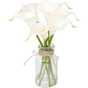 Artificial Flowers Calla Lily in Glass Vase with Faux Water,7Pcs Artificial Calla Lily Flower Real Touch Latex Flowers for Centerpiece Table Decorations Counter Decor(White Calla Lily)