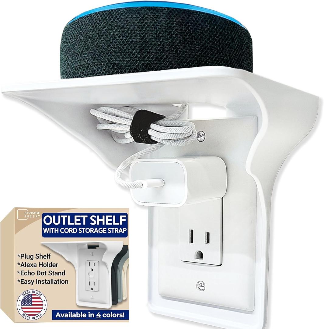 Storage Theory Power Perch Outlet Shelf with Cord Storage Strap  Bathroom Shelving for Alexa Echo Dot, Electric Toothbrush  Holds Smart Speaker, Cell Phone  Easy Installation (1-Pack, White)