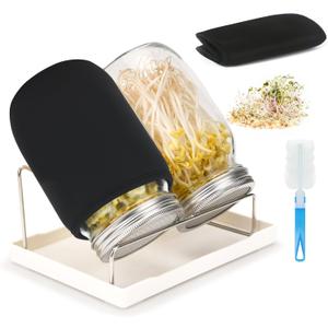 Lulonpon Sprouting Kit, 2 Sprouting Jar Kits, Wide Mouth Quart Mason Jars with Stainless Steel Screen Sprout Lids,1000ml Sprouts Growing Kit, Seed Sprouter Set for Growing Broccoli, Bean, Alfalfa (Silvery)