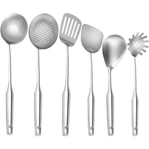 6 Pc Stainless Steel Cooking Utensils Set with Ergonomic Handles  Heat Resistant Kitchen Tools Includes Slotted Spatula, Skimmer Ladle, Spatula, Serving Spoon, Pasta Spoon Ideal for Cooking