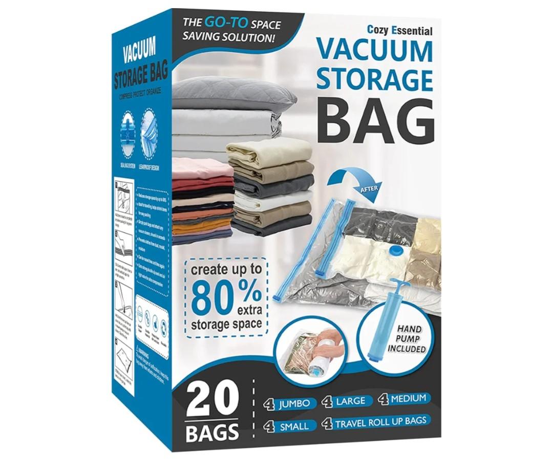 Cozy Essential Vacuum Storage Bags, Compression Space Saver Bags for Clothes, Comforters, Blankets, Pillow, Bedding, Sealer Clothing Storage,20 Combo