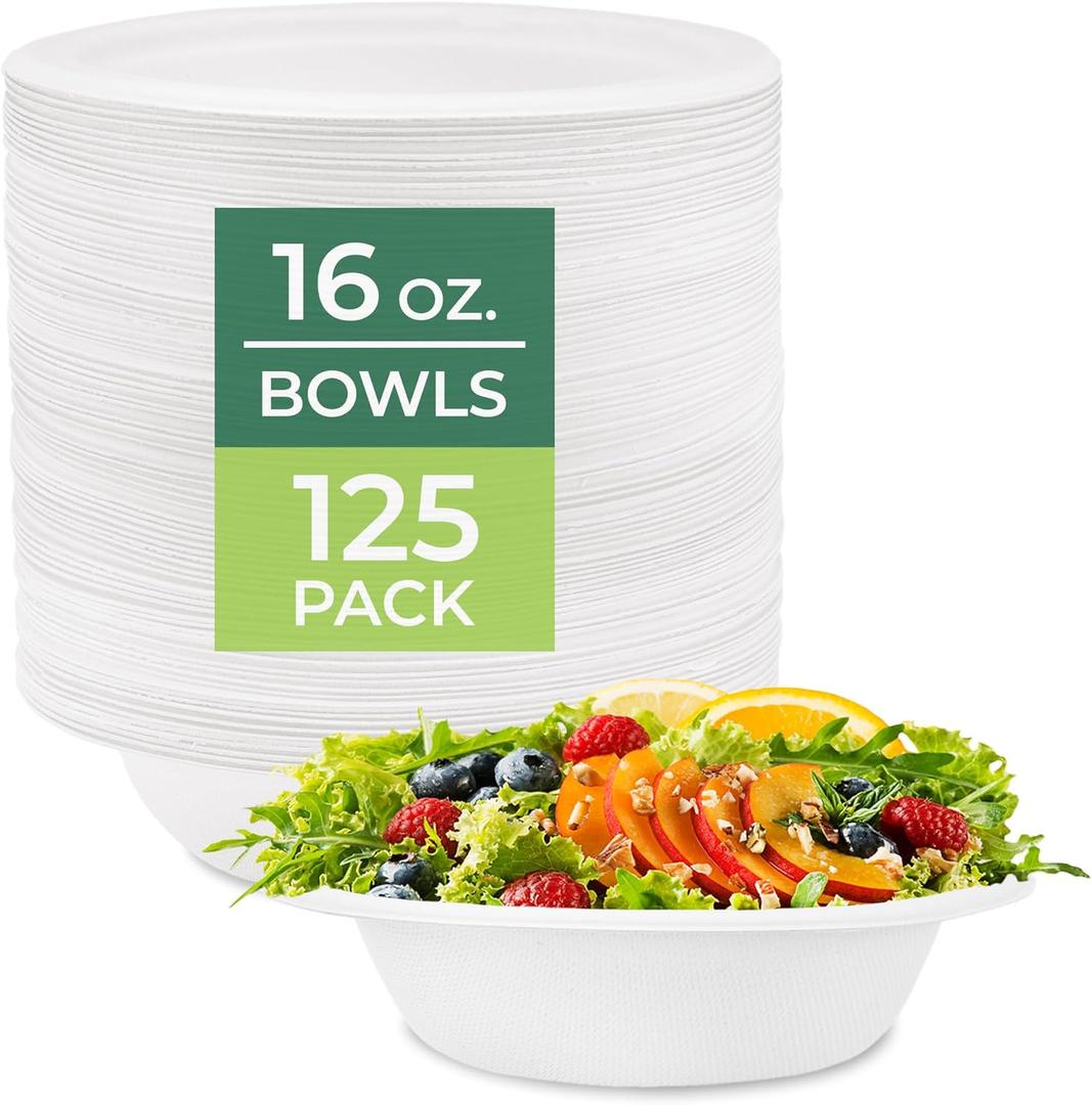 Freshware Paper Bowls - Disposable 16 oz. Soup Bowl, 125-Pack Biodegradable Sugarcane Fiber Serving Bowls - Heavy Duty Bagasse for Hot Food Plates - Microwave & Freezer Safe, Stackable Dinnerware (White)