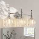 3-Light Polished Chrome Bathroom Vanity Light, Wall Sconce
Ribbed Tulip Glass, Crystal Accent, Damp Rated, Ceramic E12 Sockets, Up/Down Mounting, Dimmable