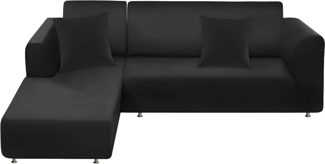 Couch Cover L Shape Sectional Sofa Cover 2-Piece Soft Stretch Sofa Slipcover Furniture Protector Couch Slipcover with 2Pcs Pillowcases (Sofa 3 Seater + 3 Seater, Black)