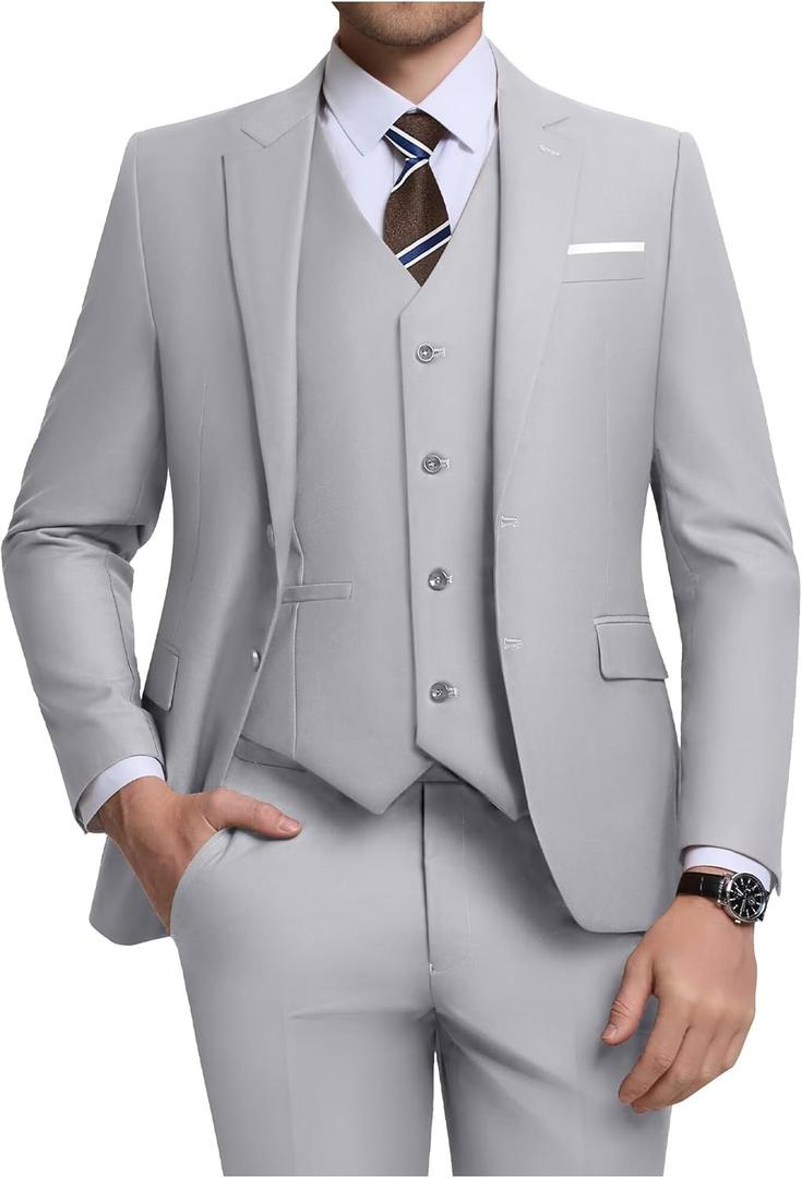 Men's 3 Piece Slim Fit Suit Set, Two Button Blazer Solid Jacket Vest Pants Wedding Business Suit (Medium, Grey)