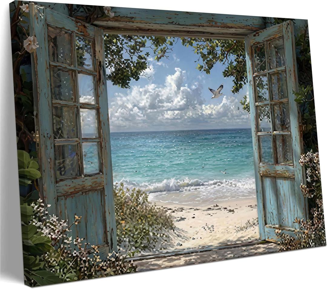 Coastal Beach Window View Wall Art, Ocean Seascape Decor, 24" L x 16" W