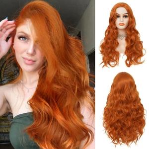 Orange Long Curly Wigs for Women Ginger Wavy Synthetic Natural Middle Part Copper Red Wig for Daily Party Use