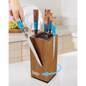 Magnetic Knife Block 360 Rotating Wood Universal Knife Holder with Four Side Ultra Strong Magnets, Knife Storage Rack with Removable Bristles, Multifunctional Storage for Kitchen Counter Top