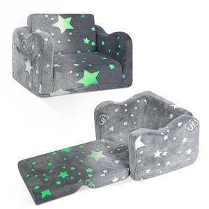 ONEKUKA Toddler Couch, Kids Couch 2-in-1 Foldable Sofa Bed Convertible Kids Sofa Glow in The Dark Star Design Flip Open Sleeper Chair for Boys and Girls Playroom Bedroom Gift, Grey
