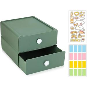 2 Pcs Desktop organizer Storage, Stackable Storage Boxes with 2 Plastic Drawers, Desk organizer Drawers with 2 Tabs, Small Office Storage for Stationery Supplies Makeup Dorm Bathroom (2 Green)