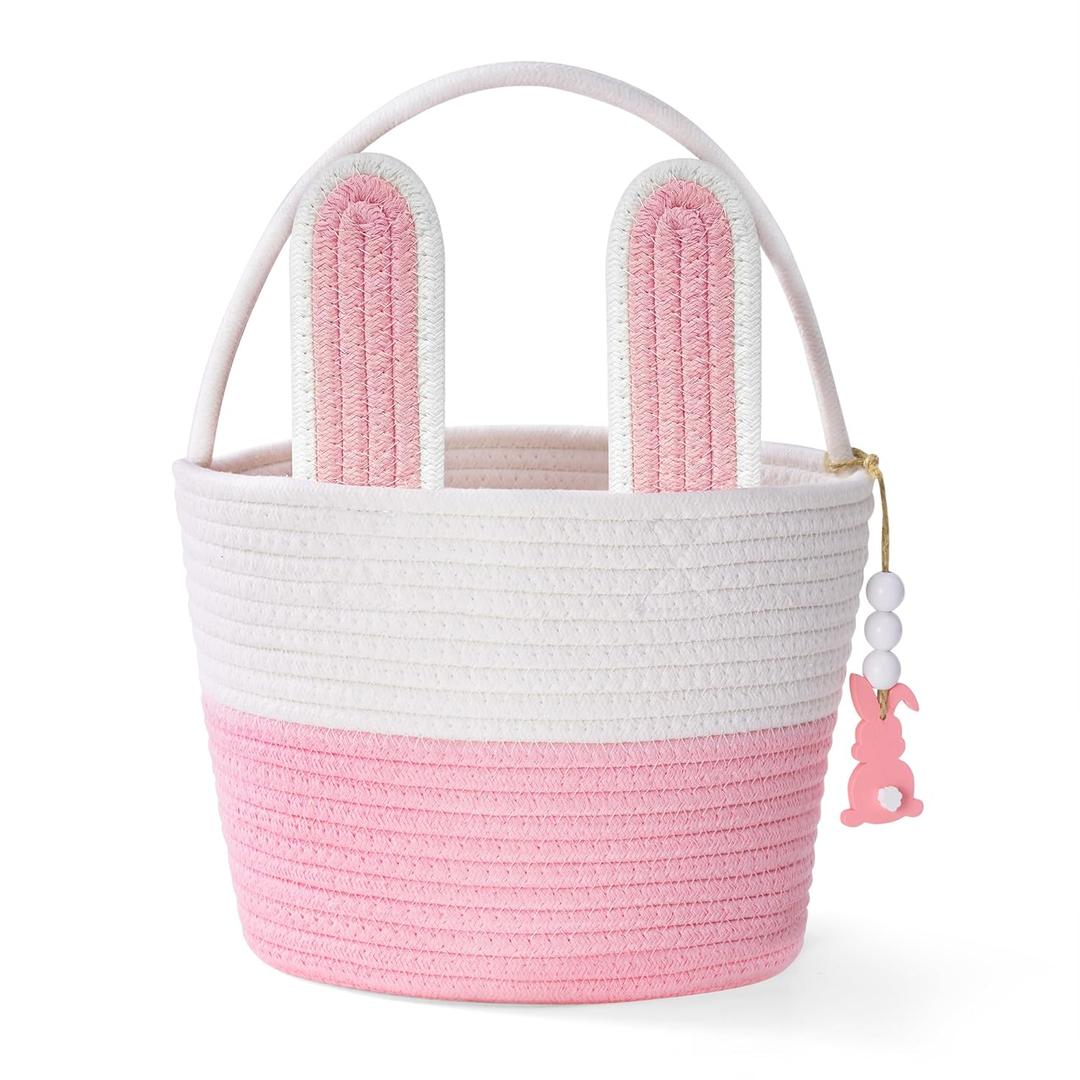 Easter Baskets, Pink Large Woven Rope Bunny Personalized Easter Basket Empty with Handle, Basket Name Tag, Egg Easter Baskets for Girls Boys, Easter Gifts, 9.8" x 7.9" x 7.9"
