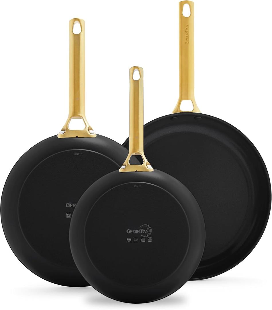 GreenPan Reserve Ceramic Nonstick 8" 9.5" and 11" Frying Pan Skillet Set, Hard Anodized, PFAS-Free, Gold-Tone Stainless Steel Handles, Dishwasher and Oven Safe, Black
