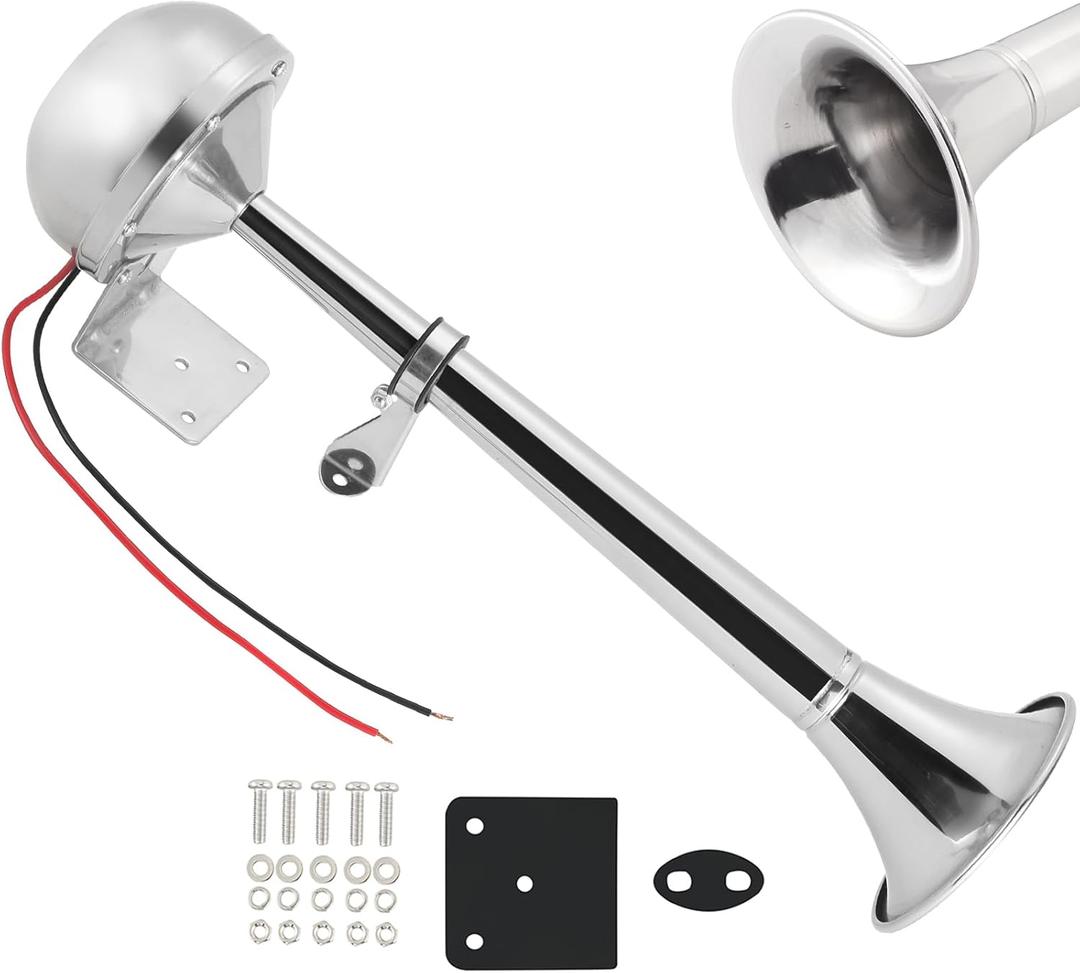 Boat Horn Waterproof Stainless Steel Single Trumpet, Electric Horn for 12v Boats Ship Sailboat Yacht Off-Road Vehicle Truck SUV RV Vans Touring Car